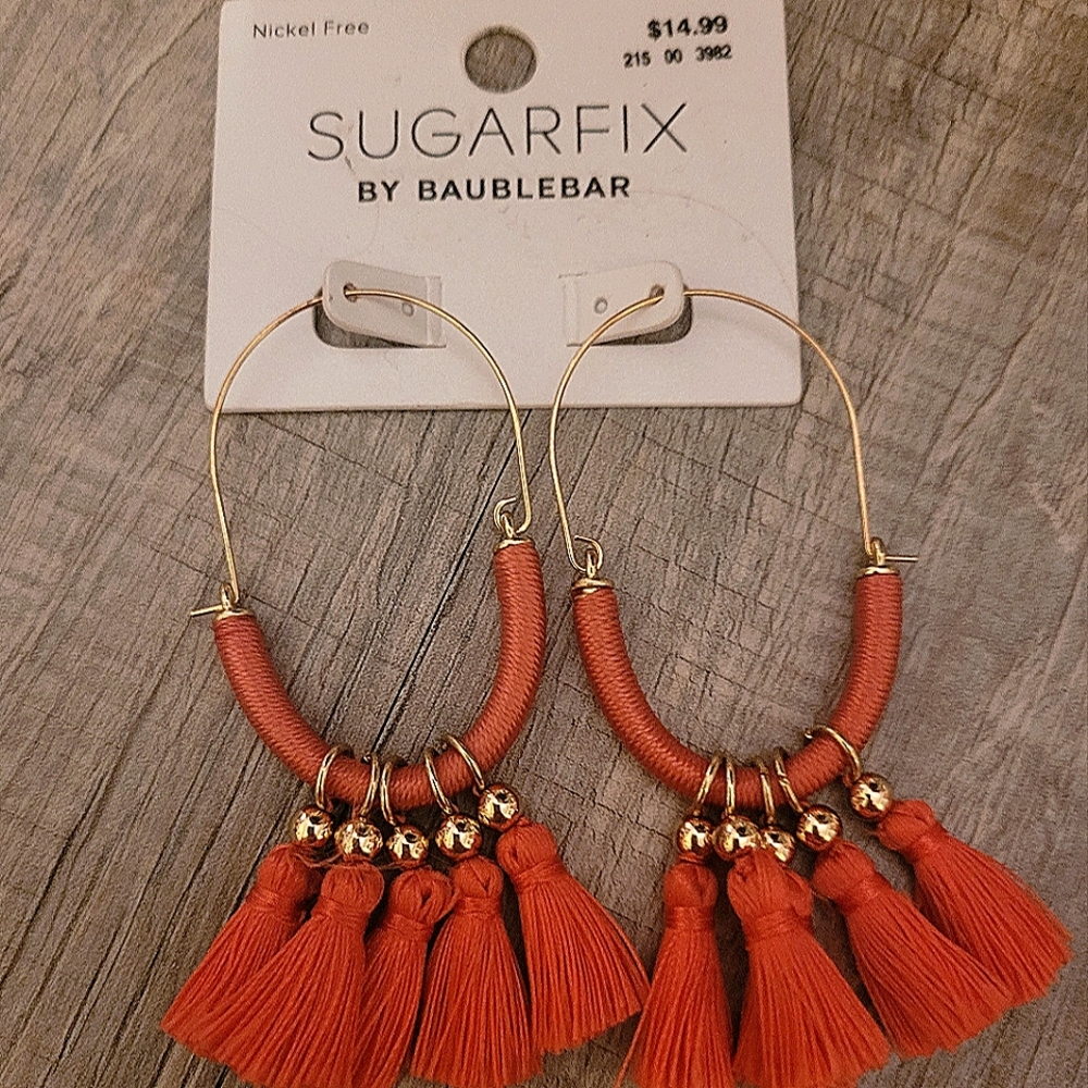 New with Tags Bright Coral Thread Multi Tassel Oval Hoop Earrings